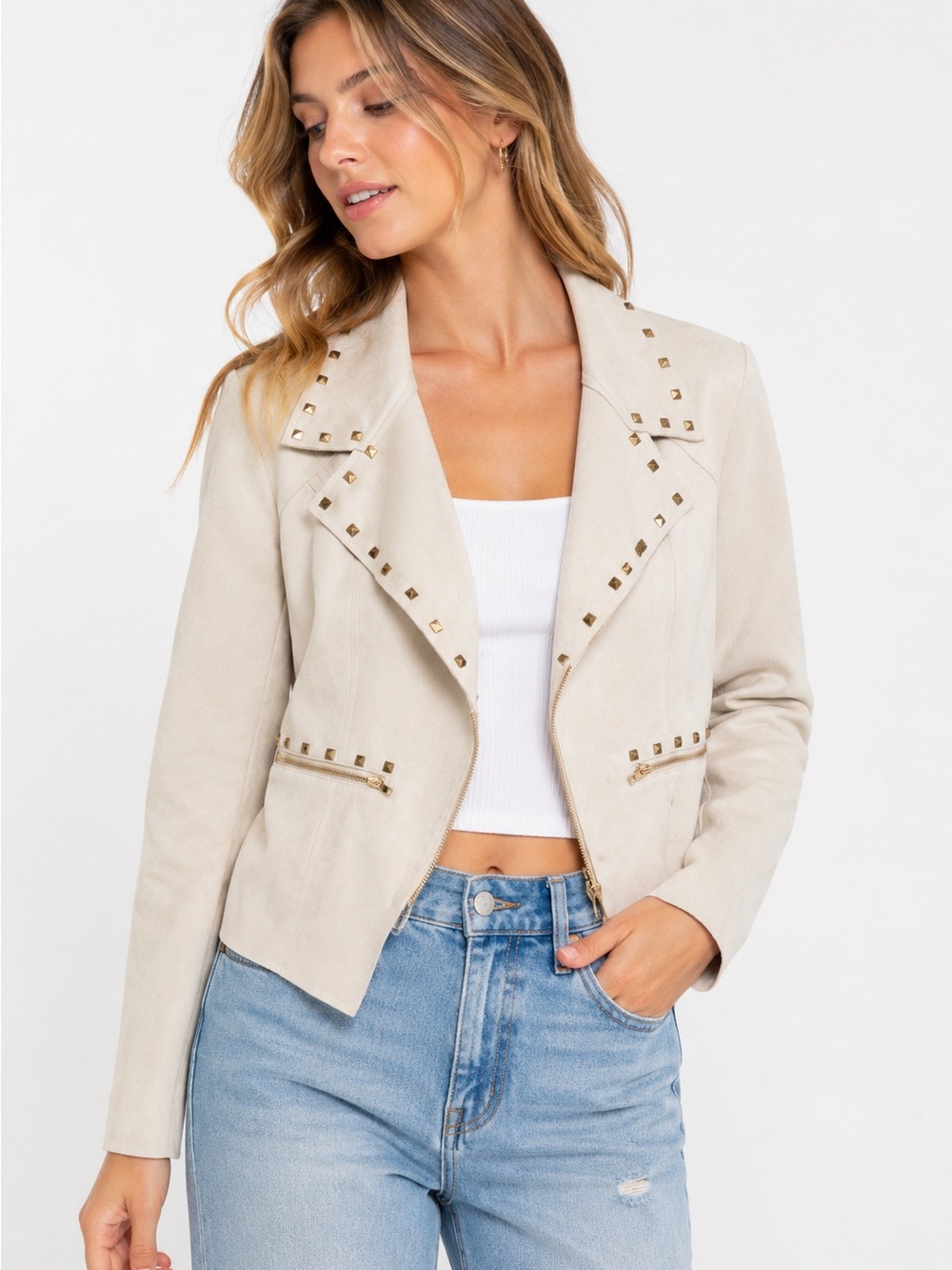 Asher Studded Faux Suede Moto Jacket Cream Ivory Size Large - Picture 3 of 7